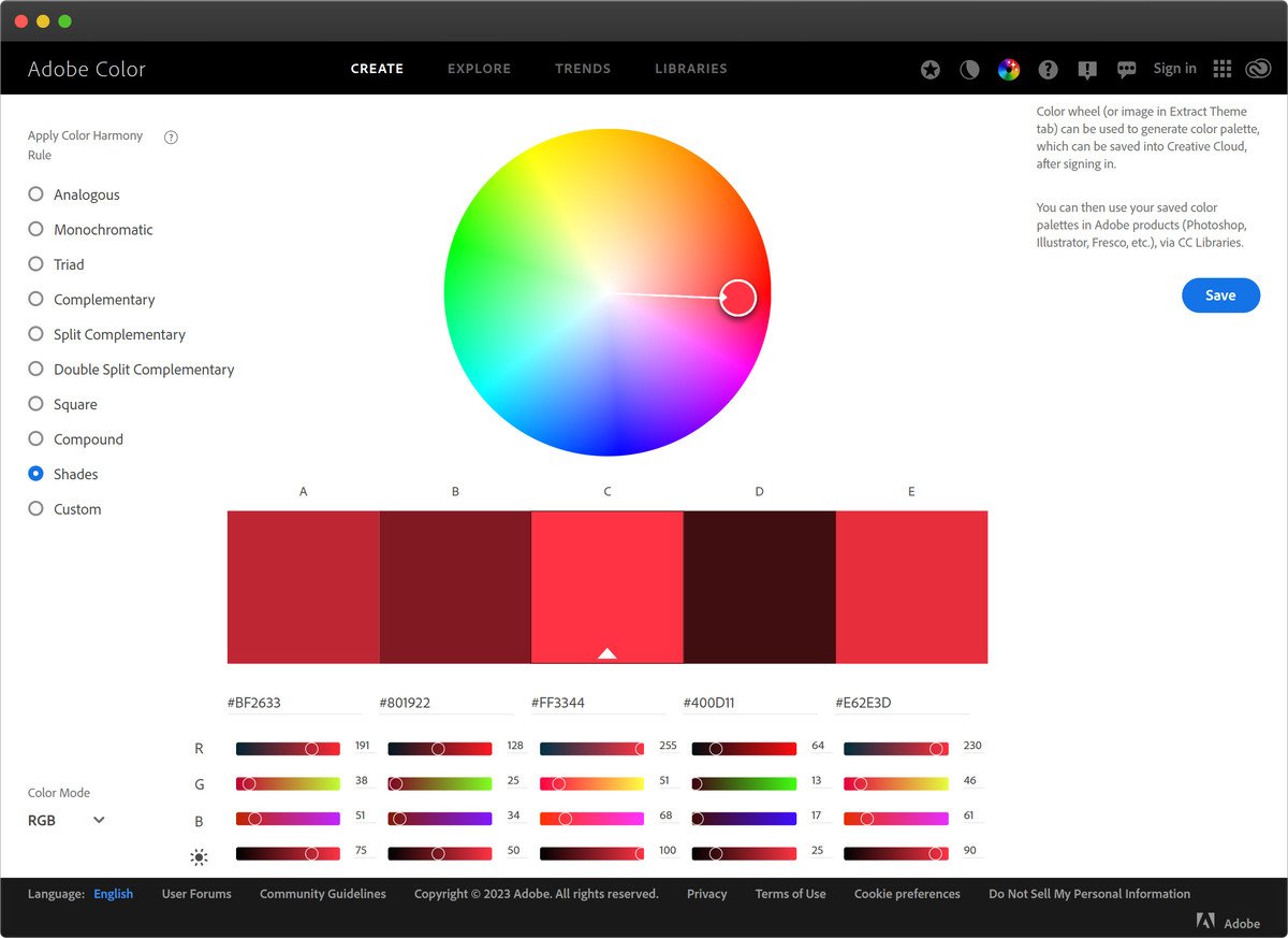 Screenshot der Shades-Kategorie bei Adobe Color