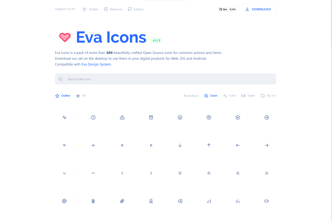Screenshot der Seite: Eva Icons